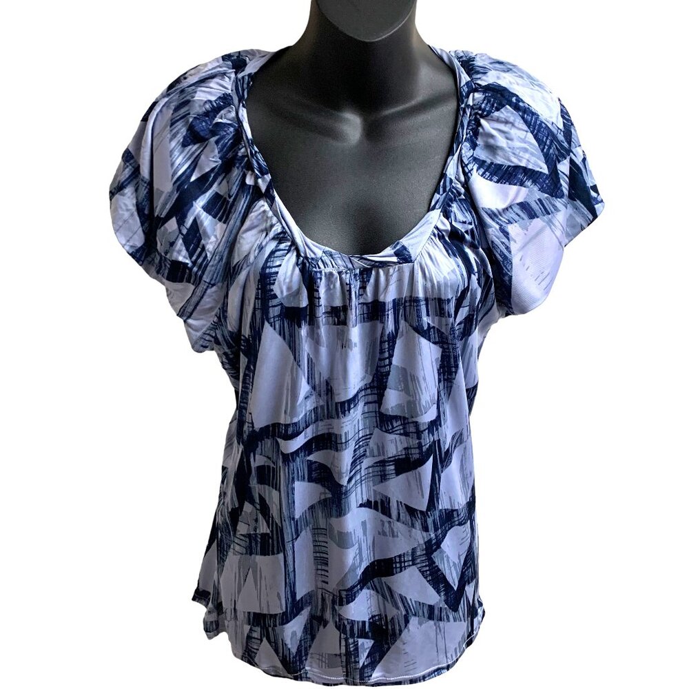 AX Armani Exchange Blue with Gray Abstract Print Puff‎ Sleeve Top